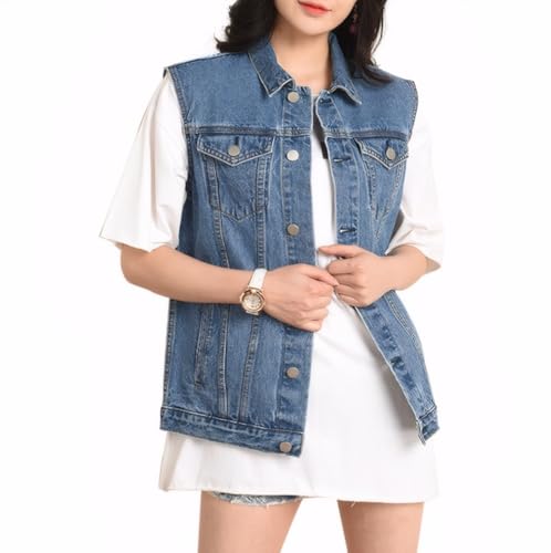Cicilin Jaqueta jeans feminina lavada com botões grandes sem mangas, Azul, M