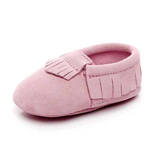 Suede Leather Baby Moccasins Tassel Soft Sole Infant Toddler Shoes Prewalker (12-18 mongths/5.31inch, Pink)