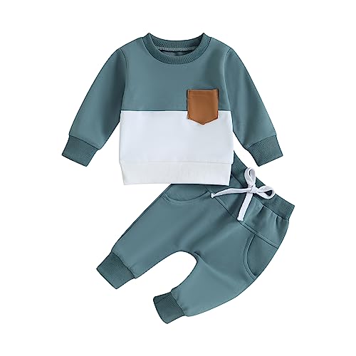 Image of kacubwyy Toddler Baby Boy Outfits Long Sleeve Pocket Pull On Sweatshirt Solid Pants Infant Fall Winter Clothes Set