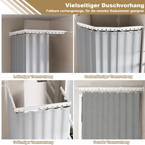 Faltbare Duschvorhangstange Ohne Bohren, 4-fach Faltbar & Drehbar, Aluminiumlegierung, mit 180 x 200 cm Wasserdichtem Antischimmel Duschvorhang, Für Badezimmer Badewanne (Weiß/Grau)