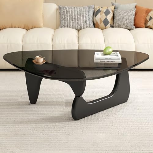 XLXYKMOZ Triangle Tempered Glass Coffee Table, mid-Century Modern Style Center Table with Sturdy W-Shaped Base and Glass countertop, Suitable Living Room, Office (Black Glass + Black Wood Legs)