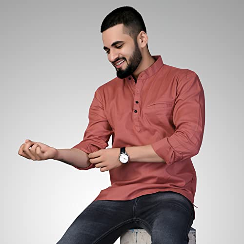 Image of Men's Cotton Regular Short Kurta | Casual & Ethnic Wear with Long Sleeve