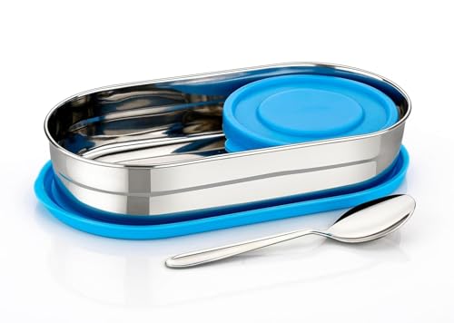 Image of PRESCO Small Oval Stainless Steel Kids Lunch Box with Spoon for School Kids, Boys - Leakproof Tiffin Box for Men & Women, Picnic, Travel - Stylish, Compact & Daily Use Meal Prep Box, 450ml- Pack of 1