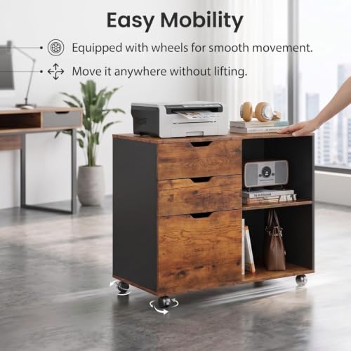Image of FFO Modern Bedside Table with Drawer & Open Shelf, Wooden Top with Metal Frame, Compact Nightstand for Bedroom, End Table for Living Room