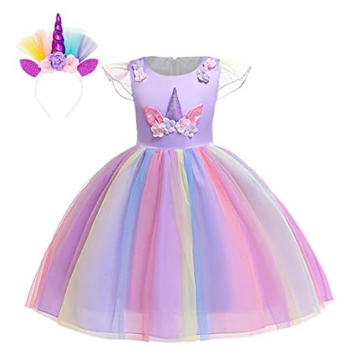 AmzBarley Enhörning/sjöjungfru kostym klänning barn flickor prinsessa klänningar födelsedag fest omklädning karneval cosplay aftonklänning kläder pannband, Lila 109, 5-6 År