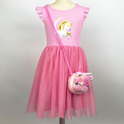 Toddler Girls Pink Unicorn Dresses Casual Short Sleeve Tutu Dress for Little Girl 3-7T with a Rainbow Unicorn Furry Pouch2