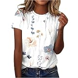 Tshirt Damen Lässige Blumenmuster Oberteile Sommer O-Ausschnitt Kurzarm Tops Tägliches Hemd Herbst Winter Basic Shirt Lockere All-Match Tunika Bluse Mädchen Weiss Pullover Laufshirt Sportshirt