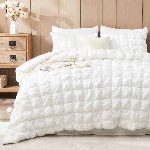 Image of White Comforter Set Full Size Bed in A Bag 7 Piece Pinch Pleat Bedding Set, Pintuck Ruched Square Bed Set with Comforter, Sheets, Pillowcases & Shams
