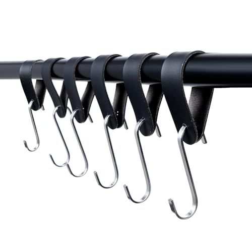 Sumotia Conjunto de 5 ganchos para roupa com tira de pele, ganchos em S, preto, cabide de parede, ganchos para campismo, ganchos multiusos para pratos, lanternas de cozinha, cabides de cozinha