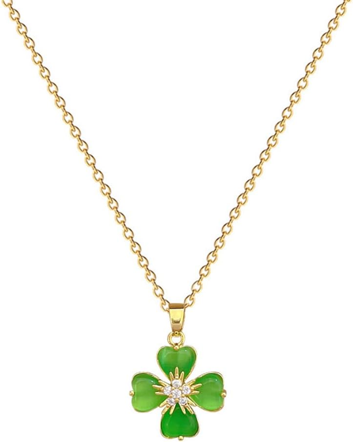 Dtja Dainty Green Clover Leaf Pendant Necklace for Women 14K Gold Plated Crystal Elegant Luck Heart Cat's Eye Link Charm Chain Adjustable St.Patrick's Day Birthday Anniversary Jewelry Gift 18"