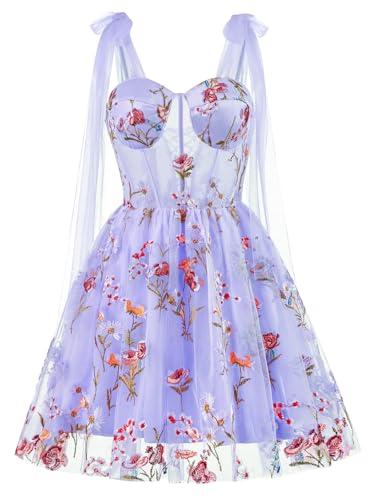 Floral Tulle Homecoming Dresses for Teens Spaghetti Strap Embroidery Short Cocktail Mini Party Dress