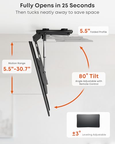Image of Motorized Ceiling TV-Mount Flip Down - 43 to 86 Inch Electric TV-Mount Motorized Drop Down with Remote, Max Load 99 lbs, Max VESA 800x400 mm, Black