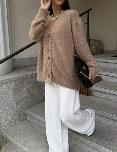 COZYPOIN Womens Fuzzy Mohair Cardigan Open Front Button Down V Neck Long Sleeve Sweater Slouchy Drop Shoulder Knit Coat3