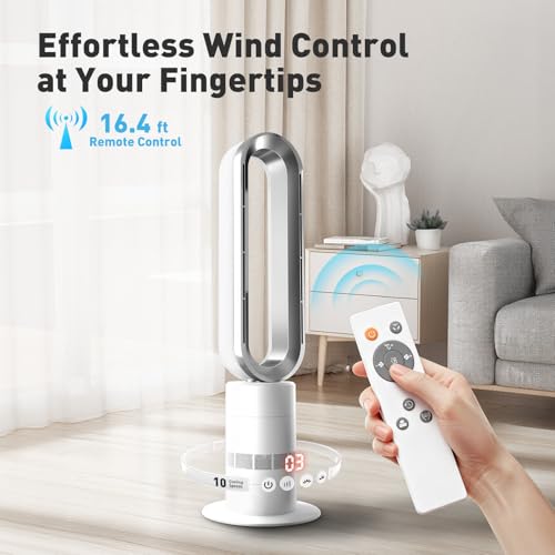 Image of Xcity TP18Pro Bladeless Tower Fan, 2-in-1 Heater & Cooling Fan, 10 Cooling + 3 Heating Levels, Remote Control, Ultra-Quiet for Bedroom & Home Office Commercial, Silver & White