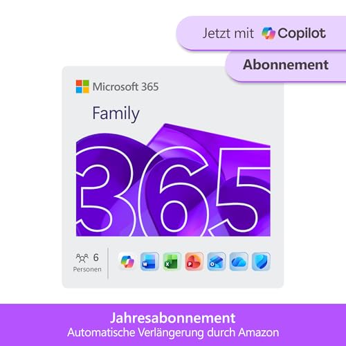 Microsoft 365 Family | 1 Jahr | bis zu 6 Personen | Office Apps mit KI | bis zu 6 TB Cloudspeicher | Amazon Abonnement mit automatischer Verlängerung