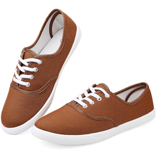 Image of Womens White Canvas Sneakers Lightweight Lace Up Fashion Comfortable Canvas Shoes Low Top Slip On Casual Tennis Walking Shoes Women Footwear