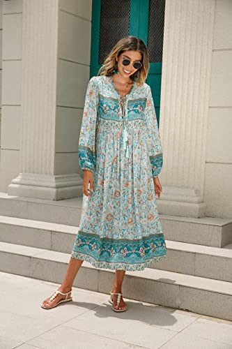 R.Vivimos Women's Long Sleeve Floral Print Retro V Neck Tassel Bohemian Midi Dresses (Small, BlueTurquoise)
