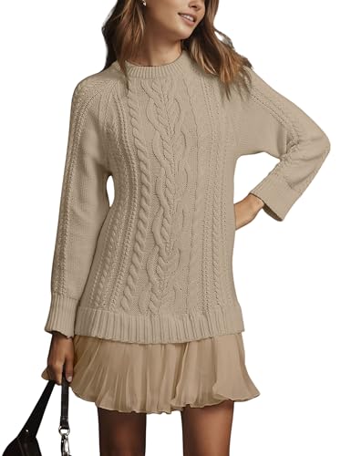MINSURE Women Cable Knit Sweater Dress Crewneck Long Sleeve Pleated
