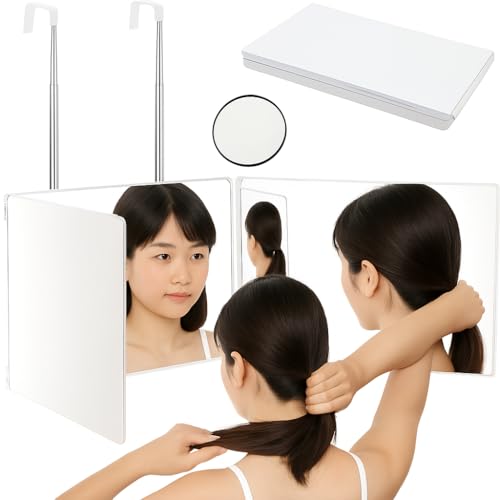 TongWey 三面鏡 セルフカット 高さ調節可能 360°角度自在調整 三面鏡 後ろが見える 化粧鏡 持ち運び 折り畳み収納 立体三面鏡 広い視野角 壁掛け式 3ウェイミラー セルフカット 安定感 飛散防止 HD鏡面 後頭部が見える 5倍拡大鏡付き (ホ