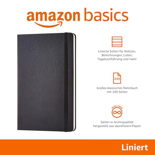 Amazon Basics Notizbuch, klassisches Design, Größe, liniert, Schwarz
