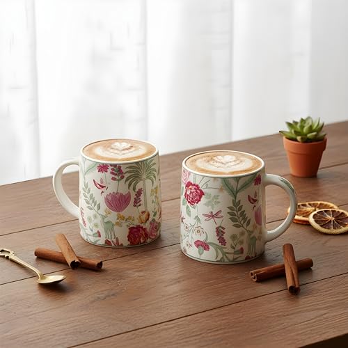 Image of Miah VintageBloom Ceramic Cup Set - Set of 2 | 10.16 cm x 6.85 cm x 8.89 cm | Handcrafted Coffee & Tea Mugs | Microwave & Dishwasher Safe | Timeless Classic Floral Design