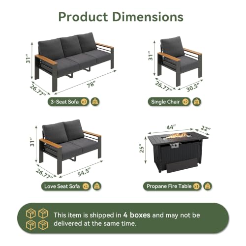 Image of Aoxun Patio Furniture Set, Aluminum Patio Set with Fire Pit Table and 5 inch Thicken & Washable Cushion, Waterproof Outdoor Furniture, Outdoor Couch Sectional for Backyard (7 Seats /F, Dark Grey)