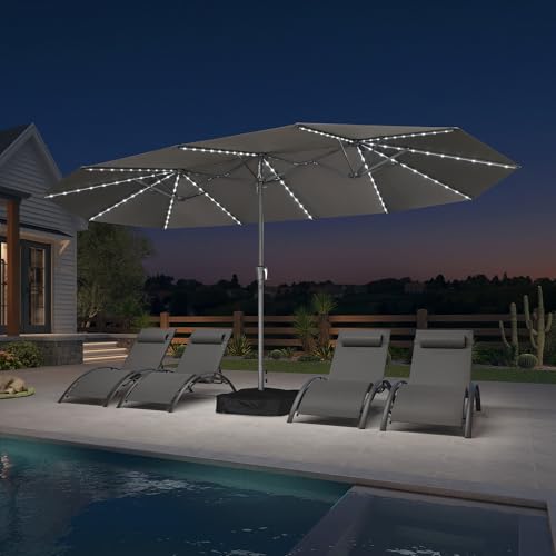PURPLE LEAF Parasol de Jardin Extérieur 455 x 270 cm en Aluminium, Grand Parasol Double avec LED et Pied, pour Terrasse, Jardin, Balcon et Piscine, Gris clair