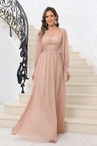 Fivsole Long Mother of The Bride Dresses for Women A-Line Chiffon Sparkly Long Sleeves Formal Evening Gowns4