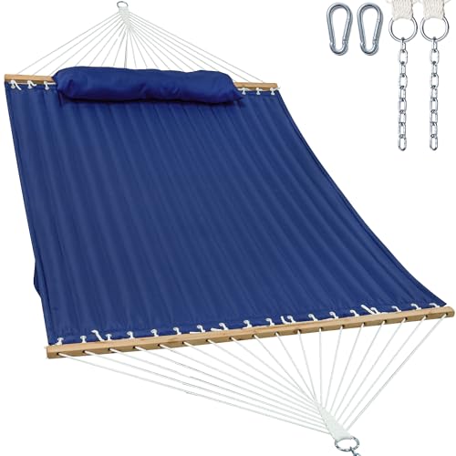 Image of GAFETE Hammock 2 Person Quilted Fabric Hammocks for Outside, Double 12ft Hammocks with Spreader Bar, Large Removable Pillow, Storage Bag, Carabiners, Max 475 lbs Capacity (Dark Navy)