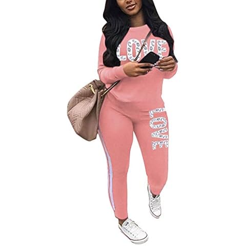 Angsuttc Women's Letter Print 2 Piece Outfits Cowl Neck Long Sleeve Sweatshirt and Pants Set Tracksuit, S3855#pink, XL Cover