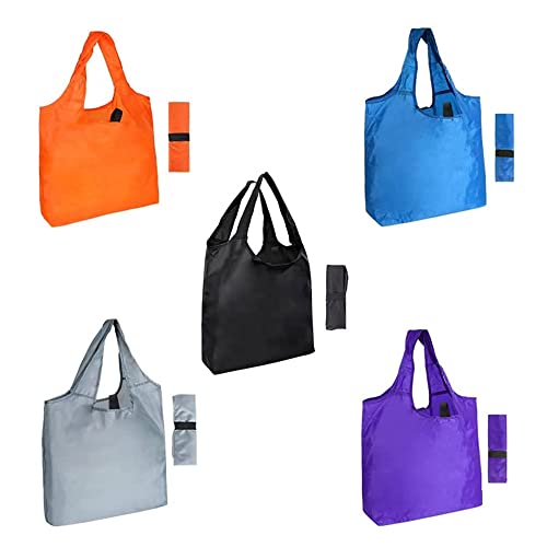Aricsen 5 Pack 15X4.5X15 Inch Mixed Color Reusable Grocery Bags With Handles Bulk Heavy Duty, Shopping Foldable Kitchen Bags Large Machine Washable For Pocket Lightweight Nylon Polyester Cloth #TOP8