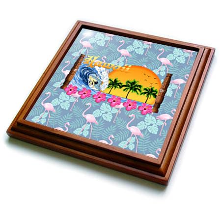 3dRose Hawaii North Shore Surfing Beach Vacation Design with Flamingos. - Trivets (trv-379579-1)