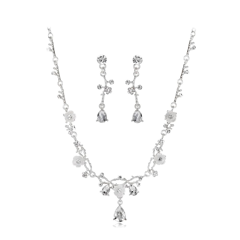 KBRPEY Boda Joyería Juegos de Joyas Conjuntos de Joyas para Mujer Plata Lágrimas Cristales Colgante Collares y Dangle Pendients Accesorios De Traje De Boda Novia