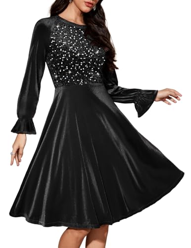 Bbonlinedress Velvet Cocktail Long Sleeve Dress for Women Sequin Velvet Vintage Wedding Guest Midi Winter Holiday Dress Black L