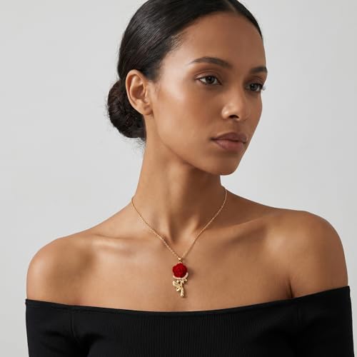 LisiZen Gold Plated Red Rose Pendant Necklace for Women, Floral Pendant Necklace, Elegant Valentine Jewelry — view 4
