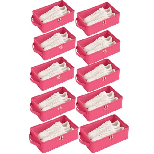 Image of Under Bed Shoe Storage Box Organizer with Clear Zipper Cover | Space Saving Rexine Shoe Bag for Closet, Bedroom & Travel | Durable Shoe Organizer for Men & Women (Pink, Pack of 10)