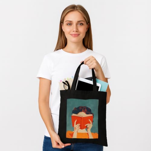 Image of Black Tote Bag With Pocket Printed Designed Canvas Tote Bags For Women large capacity,Tote bag For Shopping, College, Travel, More Canvas Handbag For Unisex Bag
