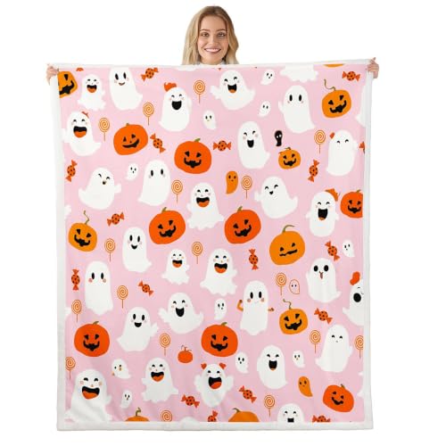 Feelyou Girls Pumpkin Lantern Sherpa Blanket Decoration Ghost Spider for Kids Boys Kawaii Halloween Fuzzy Blanket for Sofa Bed Couch Pink Cute,Twin 60x80 Inches