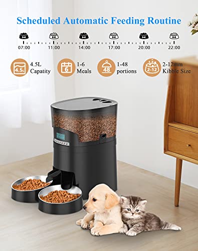 Automatic Cat Feeder, HoneyGuaridan 4.5L Pet Feeder for 2 Cats Dogs Food Dispenser Auto Cat Feeder – 6 Meal Portion Control, Distribution Alarm, Programmable Timer Feeder, 10s Voice Recorder (Black) - Thumbnail 3