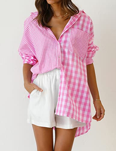 Zesica Women's Casual Plaid Patchwork Long Sleeve Button Down Oversized Shirt Blouse Top,Pink,Large #TOP1