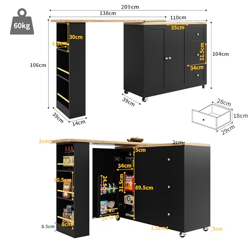Mesa alta giratoria 360° sobre ruedas, con tres cajones, viene con soporte para aperitivos, isla de almacenamiento multifuncional, adecuada para cocina y sala de estar, (138-209 x 39 x 106 cm) (negro) - imagen 2