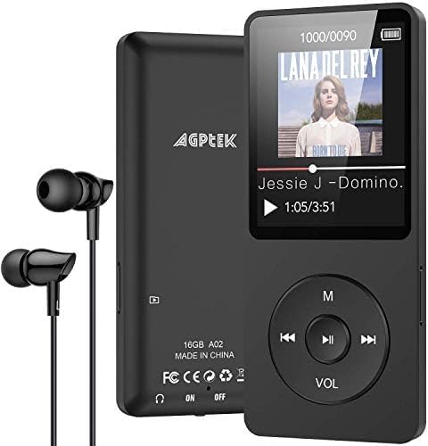 AGPTEK - Reproductor de MP3 de 16 GB, Larga duración de hasta 70 Horas de Reproductor de música con Pantalla de 1,8 Pulgadas, Radio FM, grabación, Mini diseño, Ultraligero 30 g, Tarjeta TF hasta 128
