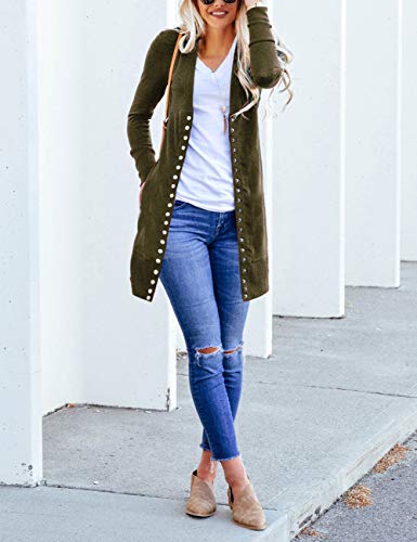 MEROKEETY Women's Long Sleeve Snap Button Down Solid Color Knit Ribbed Neckline Cardigans Army Green