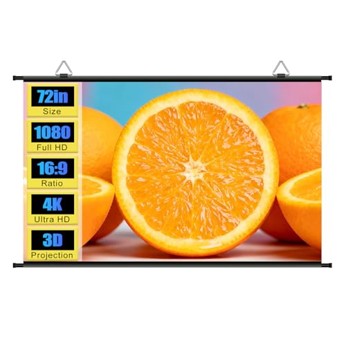 XIAOHUI 72 inch Projector Screen Portable Projector Screen Indoor Outdoor Movie Screen with 2 pcs Adhesive Hook 4K Wall Mount Projection Screen for Room No Drilling Anti-Light Coating 16:9 HD