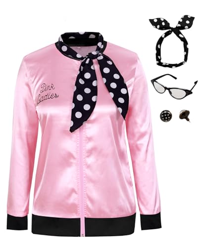 KASOYA 1950s Women Lady Pink Satin Jacket Halloween Cosplay Costume Coat with Neck Scarf (3X-Large,Black-6002)