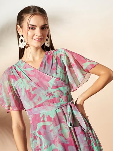 Image of Miss Chase Women's Floral V-Neck Flutter Sleeve Wrap Chiffon Maxi Dress