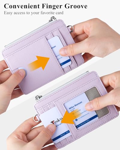 Image of Teskyer Slim RFID Wallet for Women, Small Card Holder with Zip Pocket, Lilac, 3.5 inch x 4.7 inch, Minimalist | Zip Pocket for Cash Coin, 1 ID Window & 7 Card Slots, Ultra Slim Design, D-Ring for Neck Lanyard, for Daily Carry and Travel
