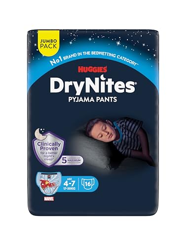 Huggies DryNites Calzoncillos absorbentes para niño 4-7 (17-30 kg), Clínicamente probado con 5 capas de protección nocturna, 16 pañales de noche