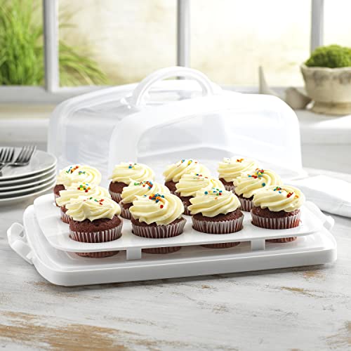 Mosjos 2In1 Cupcake Carrier And Cake Keeper With Lid, Cupcake Box To Fit 12, Sturdy, Bpa-Free Cupcake Holder With Two Secure Side Closures, Dishwasher Safe (White) #TOP2
