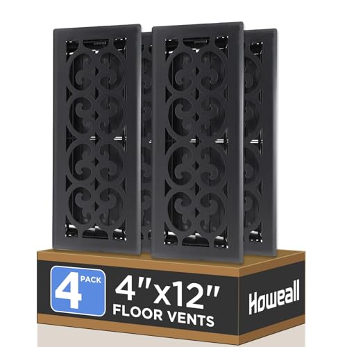 Howeall 4x12 Inches 4 Pack Heavy Duty Walkable Floor Register - Easy Adjust Air Supply Lever Decorative Floor Vent Covers, Charlotte Design Vent Covers for Home - Matte Black